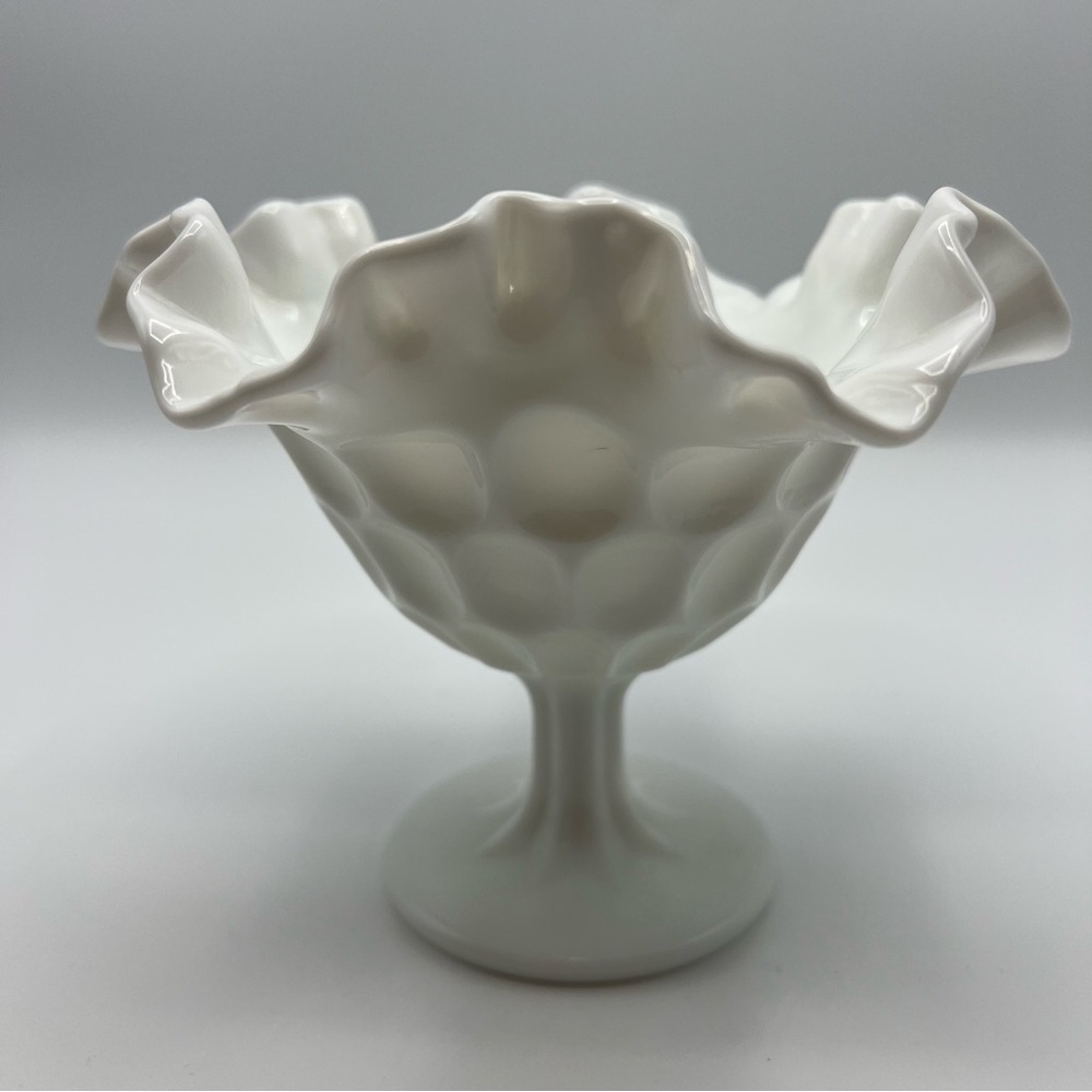 vintage fenton thumbprint Ruffle Lip Compote 1950 Milk Glass candy dish footed